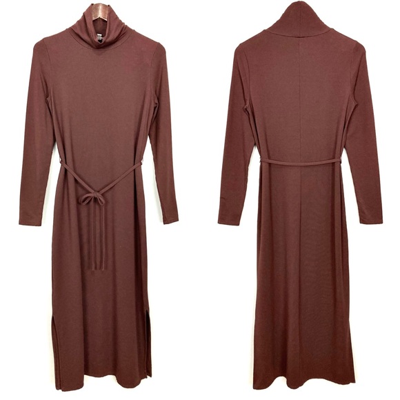 Garnet Hill Turtleneck Midi Dress Women’s Size XS Terry Knit Waist Tie Stretch - Picture 3 of 9